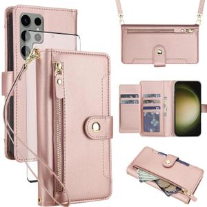 Asuwish Phone Case for Samsung Galaxy S23 Ultra 5G Zipper Wallet Cell Cover, with Tempered Glass Screen Protector and Crossbody Strap, Card Holder S23Ultra 23S S 23 23Ultra 6.8 inch Women Rose Gold