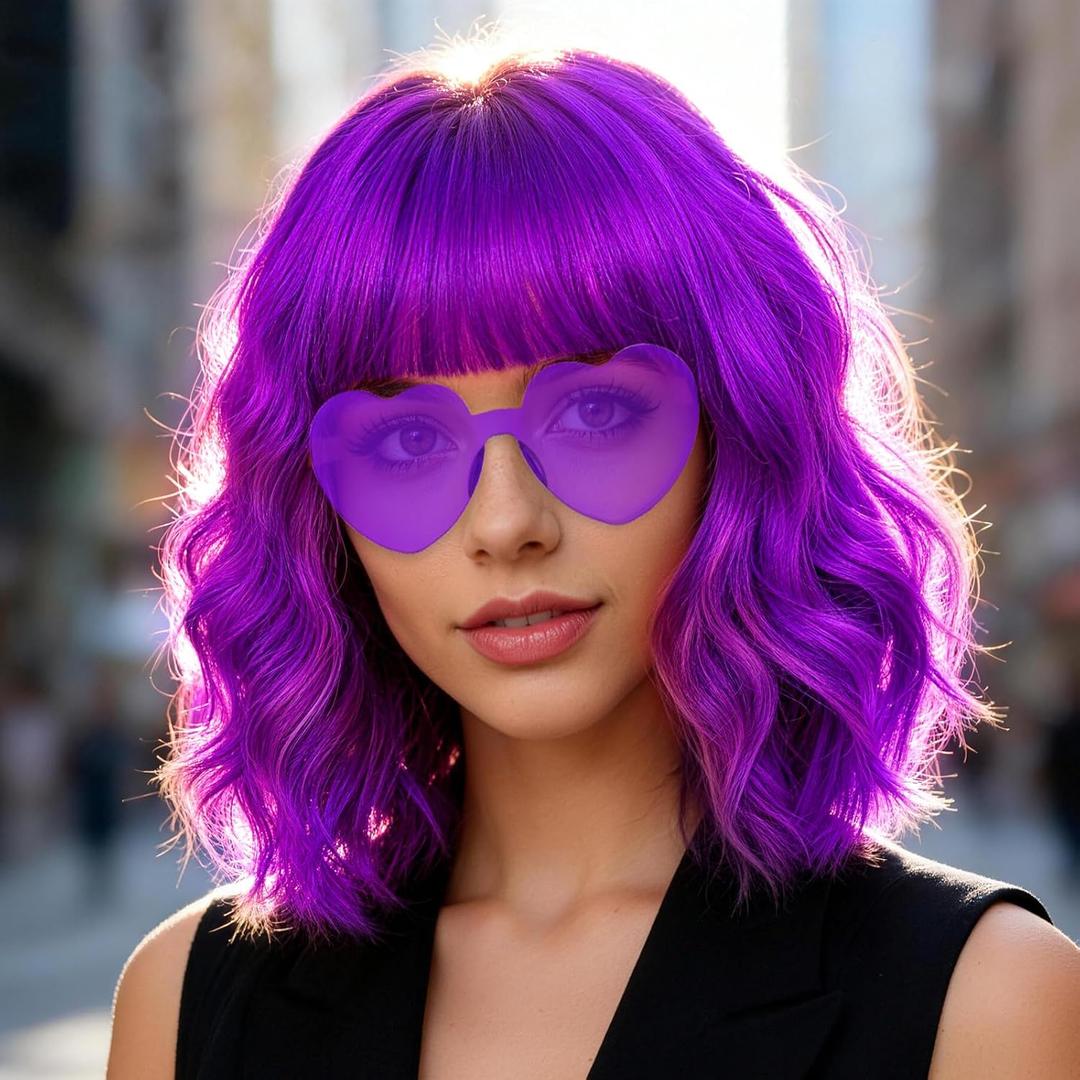 Purple Wavy Bob Wig with Bangs Heart Sunglasses for Women, 14 Inch Colored Neon Party Hair Replacement Curly Wigs Shoulder Length with Hair Cap for Carnival Costume Cosplay Bachelorette Party