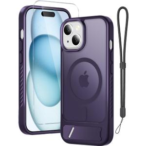 RMOCR for iPhone 15 Case & iPhone 14 Case with Screen Protector+Lanyard Wrist Strap,Magnetic Translucent Matte Rugged Slim Phone Cover Built in Invisible Kickstand Fit for MagSafe,Purple