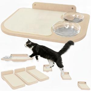 INICO Cat Wall Shelves  Dog Proof Feeding Station with Wall Mounted Shelves, Durable 3 Step Birch Floating Shelf for Cats Up to 15lbs, Attached Cat Food Bowl for Convenient Feeding  Wood Brown