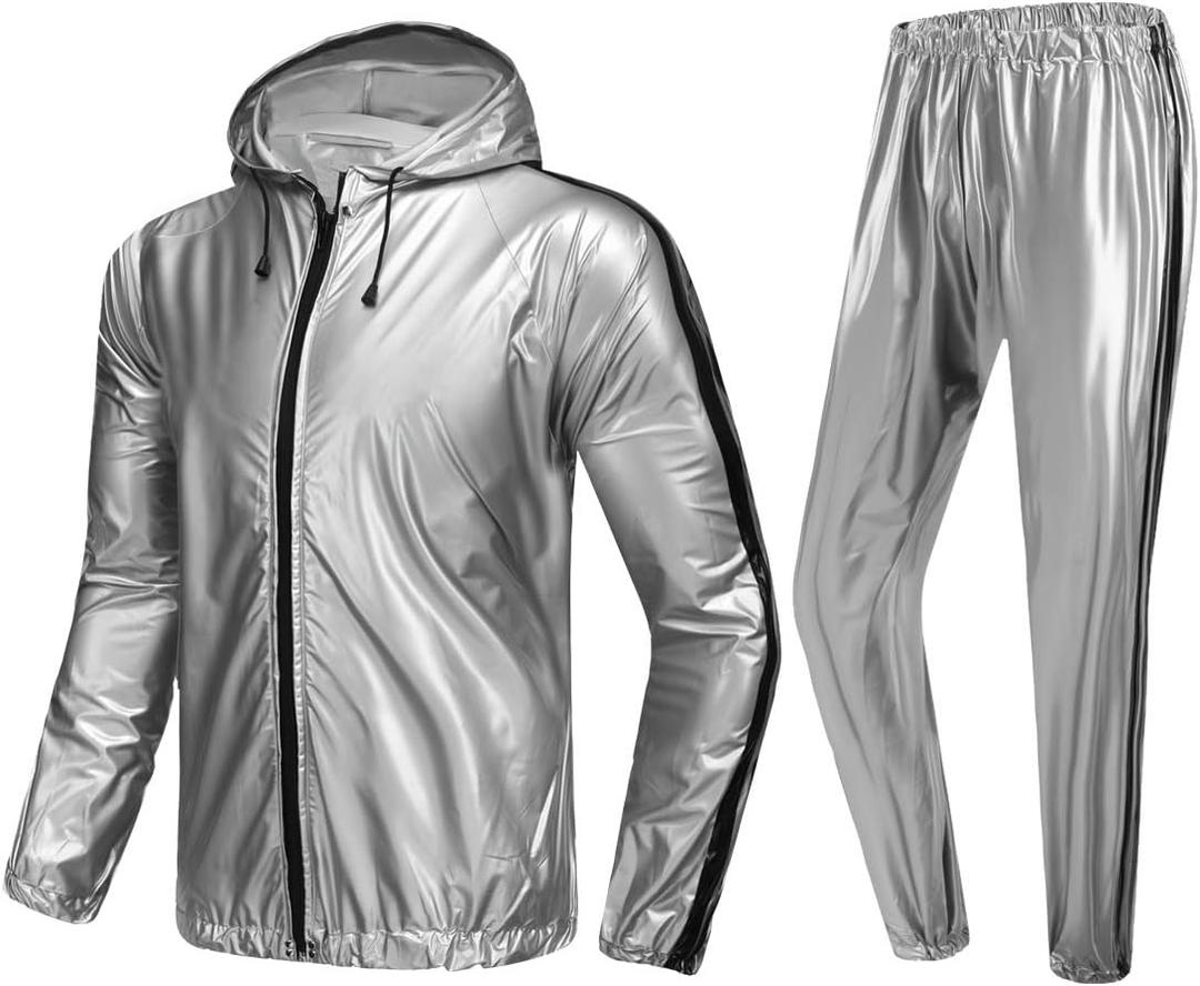 MulYeeh Weight Loss Sweat Suit Anti-Rip Heavy Duty Full-Zip Sauna Suit Fitness Exercise Gym Top Pant with Hood for Men Women (Small, Silver)