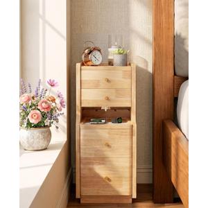 Narrow Nightstand with 4 Drawers, Solid Wood Narrow End Table, Modern Skinny Nightstand with 1 Semi-Open Shelf, Thin Couch Side End Table Night Stand with Drawers, 15.7"D x 11.8"W x 23.6"H