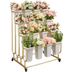 Flower Display Stand Frame, 4-Tier Flower Cart with Wheels, Metal Floral Display Rack , Moving Florist Bouquet Shelf for Shop ,Flower Bar, Events (Gold - 4 Tier) ,Without Flower Buckets