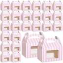 Mooliwe 50 Pcs 6 x 3.5 x 3.5 Inch Pink and White Striped Gable Boxes for Valentines Party Favors Bulk Pink Small Paper Treat Goodie Gifts Box with Clear Window Handle for Baby Shower Birthday Wedding