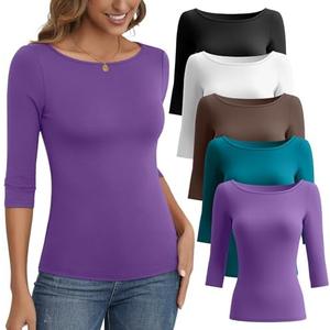 Ficerd 3 Pack 3/4 Sleeve Tops for Women Tight Boat Neck Cotton T Shirts Slim Fit Three Quarter Sleeve Tees Basic Casual Tops, Medium