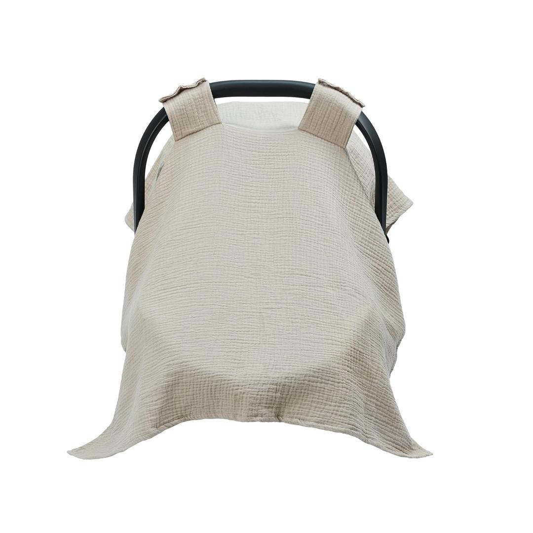 Meracorallo Muslin Baby Car Seat Cover, 100% Organic Cotton Infant Carrier Cover, Lightweight Breathable Soft Carseat Canopy for Baby Boys and Girls (Beige)