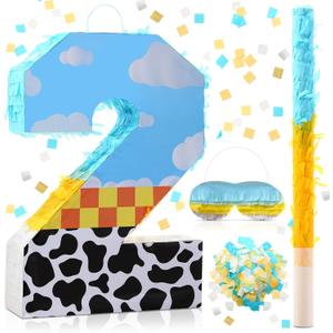 Poen Cow Number Piata for Kids Birthday Decorations Toy Game Cow Birthday Piata with Stick Blindfold and Confetti Blue Sky and White Cloud Candle for Boy Girls Party Inspire Decor(Number 2)