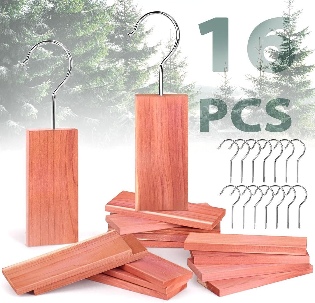 Woodever 16 Pack Cedar Planks for Clothes Storage, Aromatic Red Cedar Wood Hangers with Metal Hooks, 100% Natural Scent, with Sandpaper Freshener, for Drawers and Wardrobes