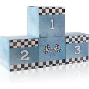 Zhanmai 4 Pcs Large Racing Car Party Boxes 11.8 x 11.8 Inch Goodie Checkered Boxes for Birthday Decor Truck Theme Race Car Podium Centerpiece Decorations Cardboard Party Favors(Blue)