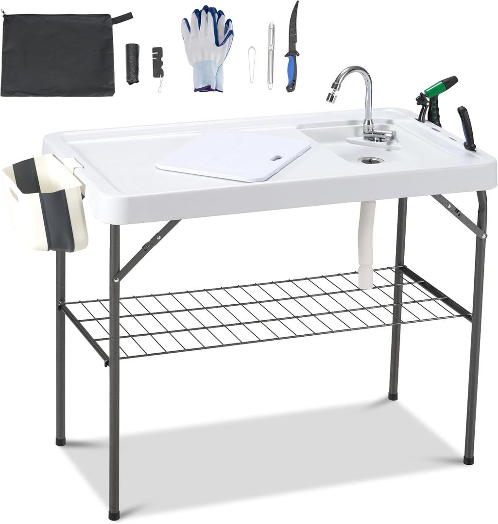 Dragosum Outdoor Sink Fish Cleaning Table Portable Camping Table with Faucet Hose Hook Up Grid Rack, Fish Fillet Camping Sink Table, Fish Cleaning Kit for Picnic Beach Patio (White & Black)