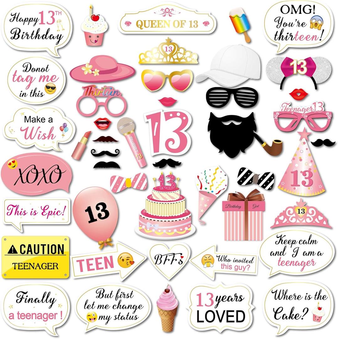 Konsait 13 Birthday Photo Booth Props Party Kit(48Counts), Funny Sweet Chic Thirteen Photo Props with Sticks Pink Decor Great for 13th Happy Birthday Party Favors Supplies for Teenage Girls