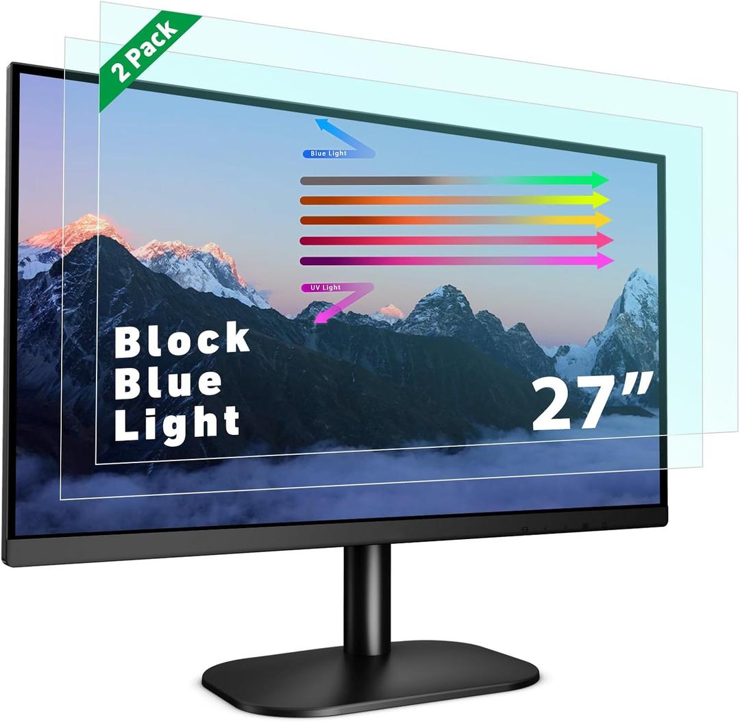 PYS 2-Pack 27 Inch Blue Light Screen Protector for Monitor – 16:9 Removable Anti-Blue Light Filter, Eye Strain Relief, UV Protection Film for Computer Monitors