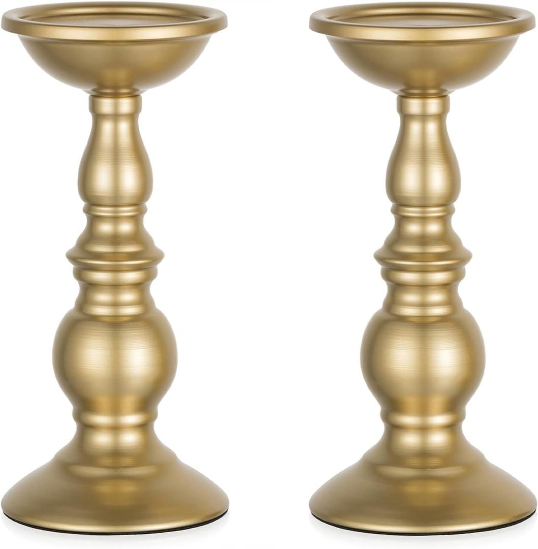 Set of 2 Gold Candlestick Metal Pillar Candle Holders, Flameless Candlestick Holders Stand Centerpieces Decoration Ideal for Weddings, Special Events, Parties
