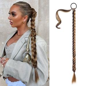 SEIKEA Long DIY Braided Ponytail Extension with Hair Tie Straight Wrap Around Hair Extensions Ponytail Natural Soft Synthetic Hairpiece Chocolate Brown with Blonde 34 Inch (After Braided 30 Inch) (34 Inch 180G (Pack of 1))