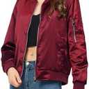 YEABEDA Satin Bomber Jacket Women Casual Fall Varsity Jackets Zip Up Outerwear Windbreaker with Pockets Size M