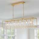 Siljoy Modern Crystal Chandelier, 7 Lights Rectangular Gold K9 Crystal Raindrop Chandelier, Luxury Rectangle Chandelier Light Fixture for Dining Room Living Room Kitchen Island L47'' x W11'' x H12''