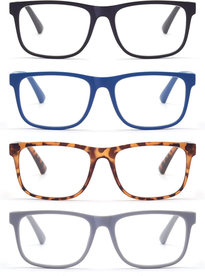 FoxMook 4 Pack Reading Glasses, Large Square Spring Hinge Readers for Big Head/Large Face, Blue Light Blocking Lens Clear, Matte Black Blue Gray Tortoise 2.5, standard
