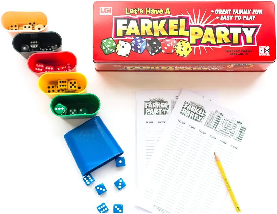 Farkel Classic Dice Game Set | Official Licensed  Complete Family Dice Game & Travel Games Edition with 36 Dice, 6 Cups, Score Sheets, and Storage Tin  Fun Dice Games for Adults & Kids Ages 8+