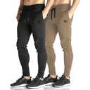 BROKIG Mens Zip Joggers Pants Casual Gym Workout Track Pants Tapered Sweatpants with Pockets (Small, 2 Pack Khaki + Black)