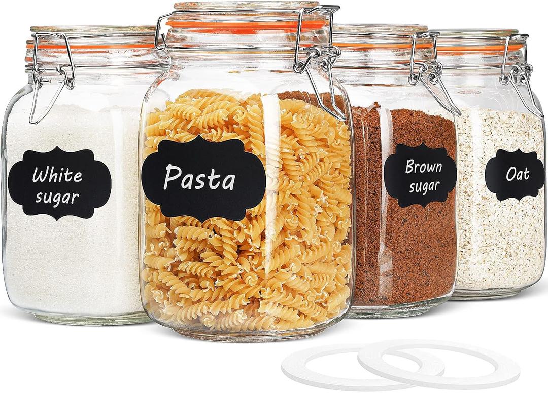 50 oz Glass Jars with Airtight Lids, Wide Mouth Mason Jars with Clip Top Lids for Kitchen - Square Glass Jars with Chalkboard Labels and Replacement Silicone Gaskets, Set of 4