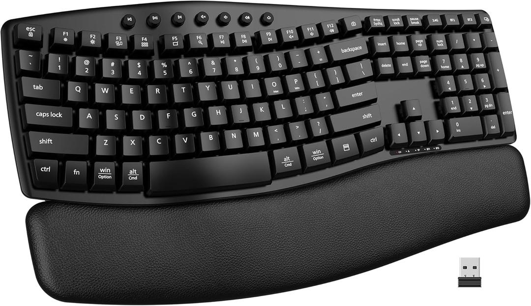 EDJO Wireless Keyboard,2.4G USB/Bluetooth Dual-Channel Connection, Full Size Wave Keys Ergonomic Keyboard with Soft Wrist Rest for Windows, Mac OS Desktop/Laptop/PC(Black)
