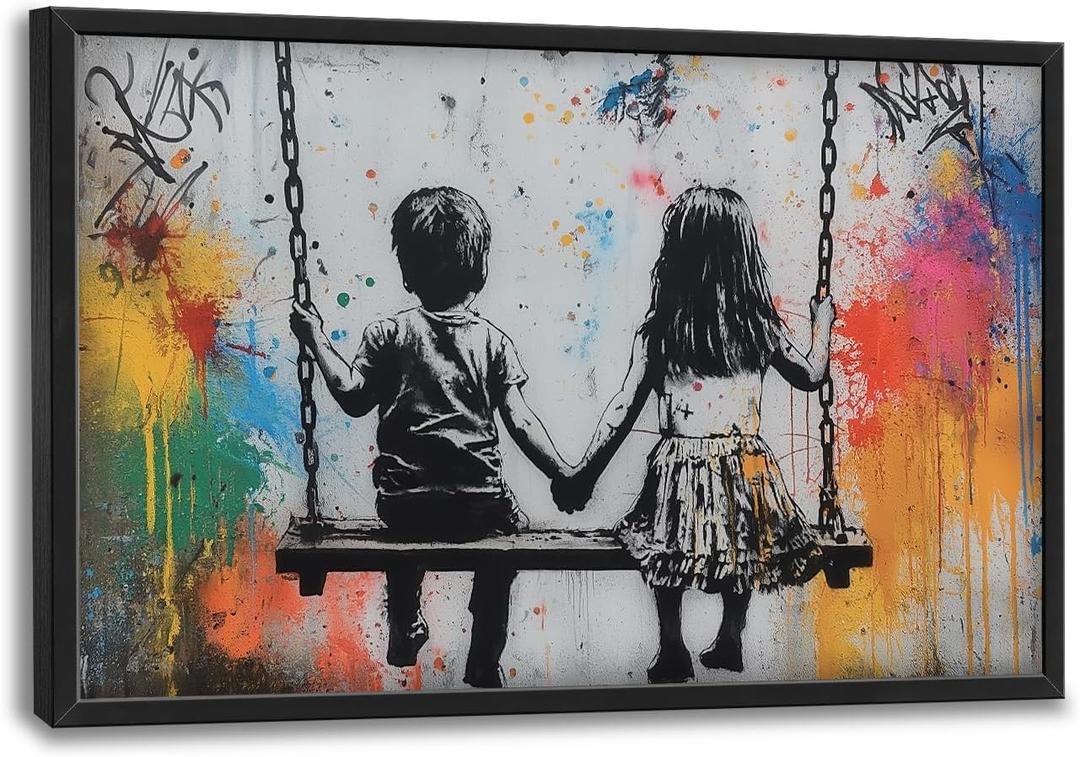 Banksy Large Wall Art for Living Room Little Boy and Girl Pictures Street Pop Art Graffiti Canvas Big Wall Decor Painting Artwork Framed Decorations for Bedroom Boys and Girls Room Office 24"x36"