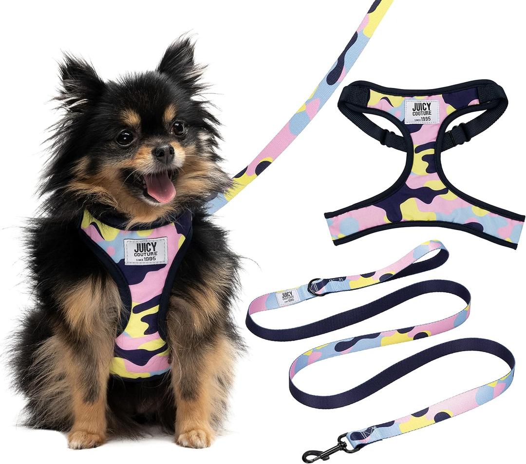 Juicy Couture Colorful Camo Dog Harness and Leash Set  Adjustable Puppy Harness with Puppy Leash & Mesh Padding Dog Harness, Medium Juicy Couture Colorful Camo Dog Harness and Leash Set  Adjustable Puppy Harness with Puppy Leash & Mesh Padding Dog Harness, Medium