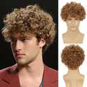Mens Short Curly Light Brown Wig with Bang Synthetic Cosplay Halloween Costume Party Natural Hair Wig
