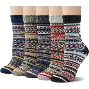 Justay 5 Pairs Wool Socks for Women - Winter Thick Boot Cozy Crew Vintage Soft Calf Knit Warm Socks Gifts (One Size, Blue Green Black Dark Grey Light Grey)