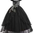 Weileenice Vintage Off The Shoulder Flower Girl Dress Lace Embroidery Little/Big Girls Wedding Bridesmaid Holiday Ballgown (7-8 Years, Classic Black)