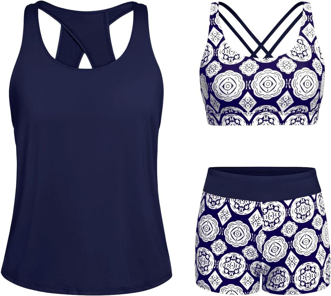 Tempt Me 3 Piece Tankini Swimsuits for Women Athletic Bathing Suits Swim Tank Top with Boy Shorts and Bra Modest Swimwear Medium