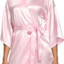 Women's Satin Robes Floral Bridesmaid Robes Short Silk Kimonos Sleepwear (Pure Pink)