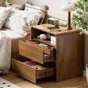 23.8" Modern Nightstand with Hidden Drawers Walnut Night Stand with Charger Station Mid Century Bedside Table Curved Wood Side Table for Bedroom Dorm