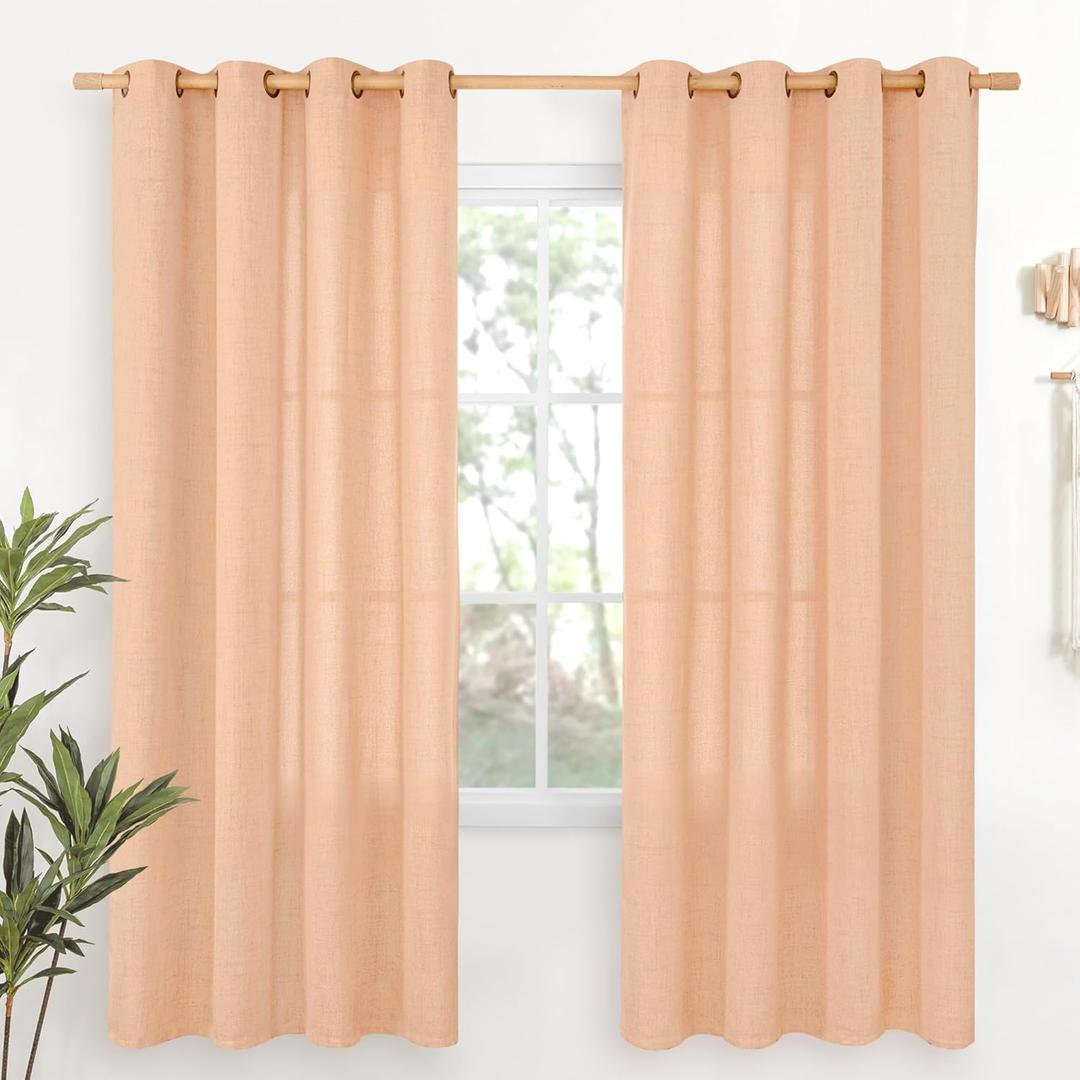 YoungsTex Peach Linen Curtains 72 Inches Long for Living Room, Coral Drapes Semi Sheer with Bronze Grommet Light Filtering Textured for Bedroom Dining Spring Decor, 52 x 72 Inch, 2 Panels
