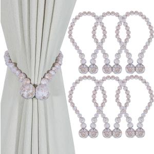 KLOGTSIND Magnetic Curtain Tiebacks, Curtain Tie Backs for Curtains 6 Pack, Wood Bead Curtain Tiebacks, Curtain Holders for Boho Bedroom Decor, Baby Nursery Decor, Farmhouse Decor (Whitewashed)