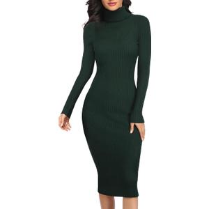v28 Women Stretchable Knitted Long Sleeve Slim Fitted Ribbed Soft Sweater Dress (XX-Large, A Dark Green)