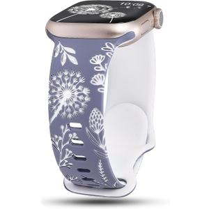 Wearlizer Floral Engraved Band Compatible with Apple Watch Bands 38/40/41/42/44/45/46/49mm Women, Two-Tone Flower Silicone Cute Sport Strap for iWatch Series 11 10 9 8 7 6 5 4 3 SE/Ultra 3 2 1 (Blue/White)