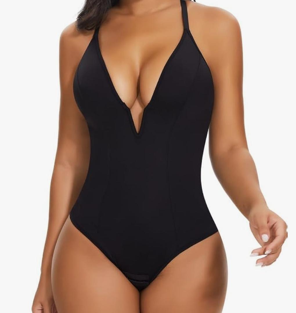Women's Deep V Neck Bodysuit Double Lined Plunge Tummy Control Shapewear Thong Body Suits Cami Black XL