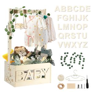 Wooden Baby Shower Crate Closet, Baby Shower Basket with 33.5" High Hanger Rack and Swing, DIY Baby Welcome Box with Handle, Easy Assembly Storage Crate for Pregnancy New Parent