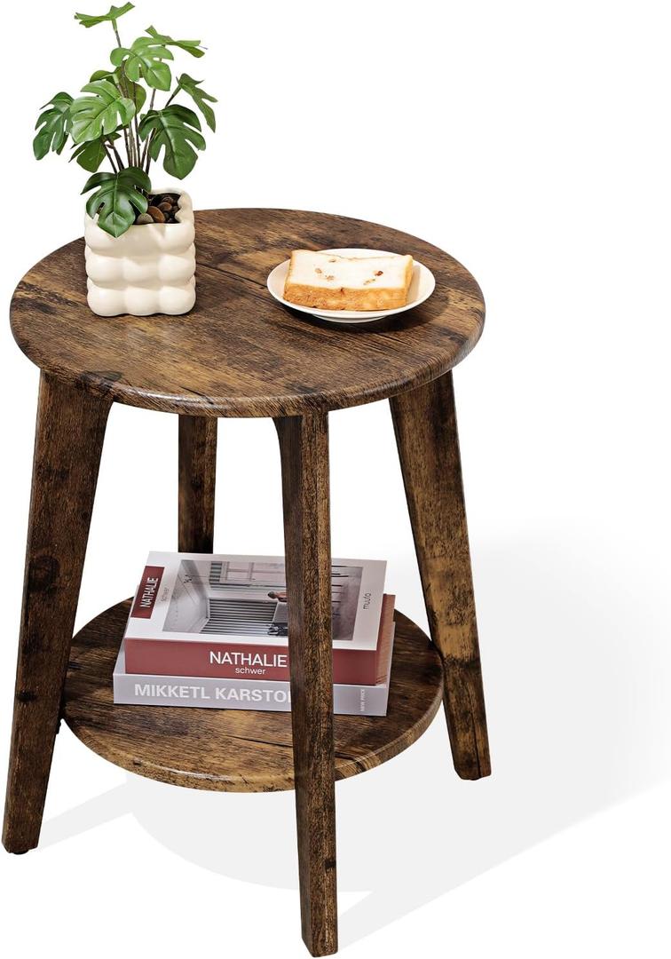 Small Round Side Table Wooden End Table with Lower Shelf Modern Nightstand Bedside Table for Small Spaces, Living Room, Bedroom Retro Brown, 16 inches x 16 inches x 20.5 inches