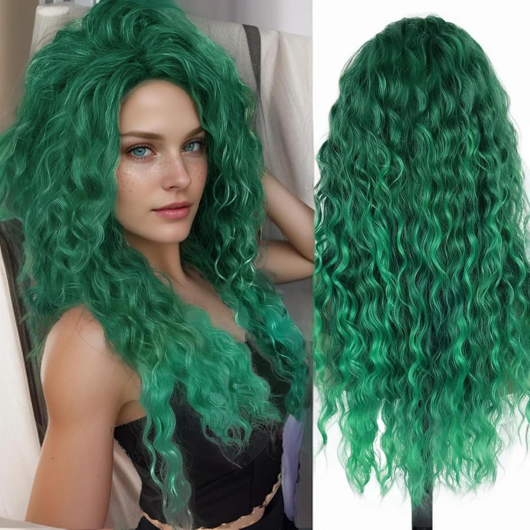 GNIMEGIL 28 inch Long Curly Wigs for Women Green Wig Cosplay Thick Hairline St. Patrick's Day Carnival Party Wig Halloween Costume Hairstyle