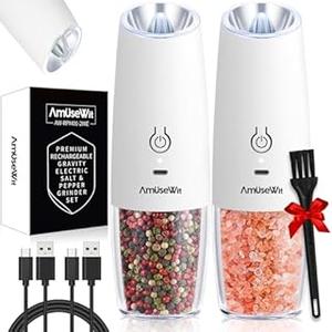AmuseWit Gravity Electric Salt and Pepper Grinder Set [White Light] USB Rechargeable Automatic Pepper and Salt Mills,Adjustable Coarseness,One-Handed Operation, White