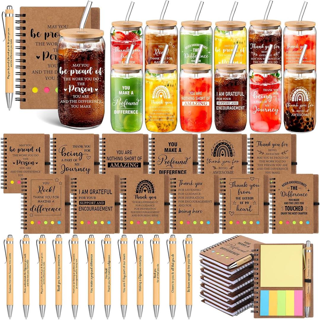Skylety 12 Set Team Employee Appreciation Gifts Bulk Thank You Tumblers with Lid Inspirational Spiral Notebooks Sticky Pens for Staff Coworker Teacher Nurse Boss