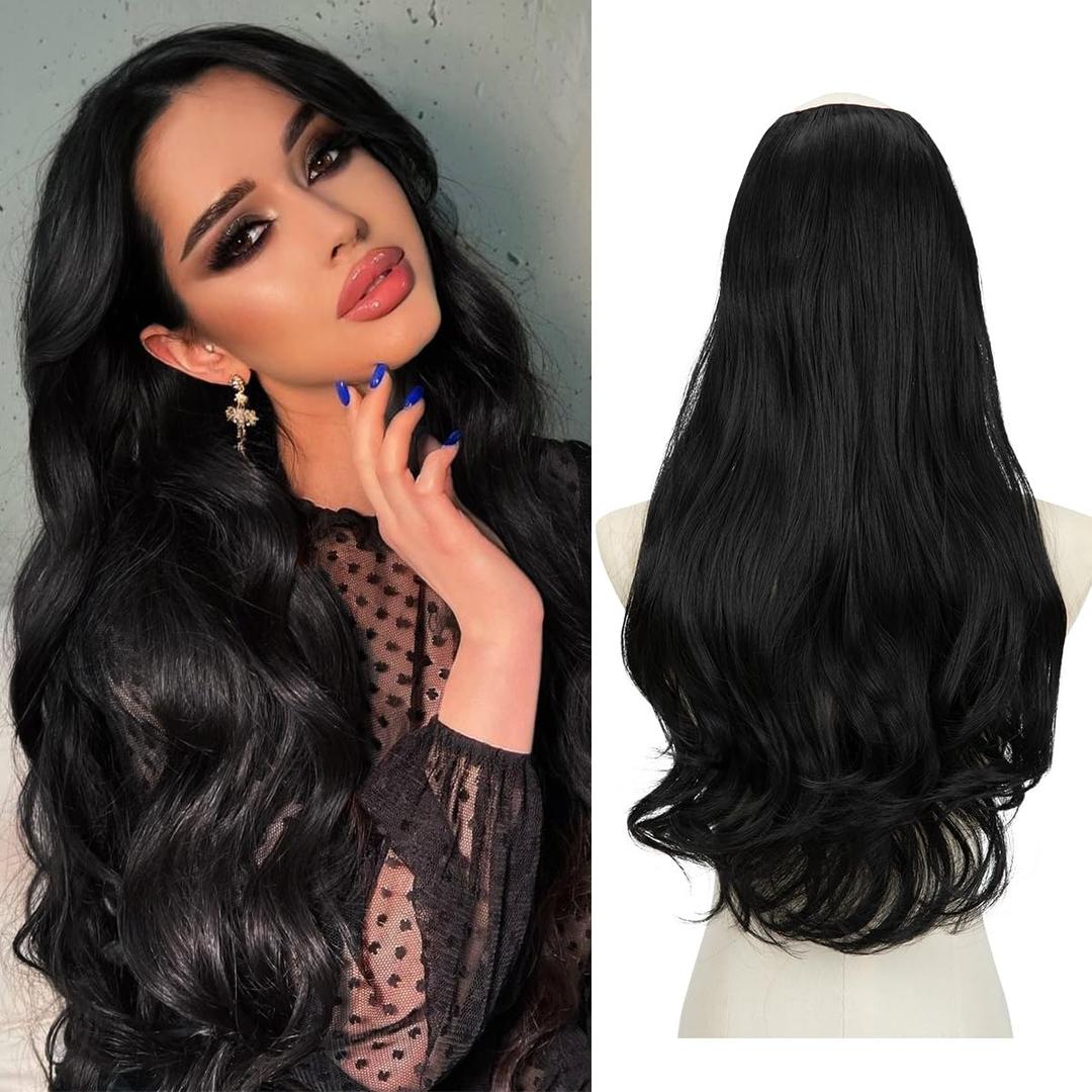 SARLA Clip in U Part Hair Extensions Synthetic Long Wavy Curly Thick Full Head Hairpiece for Women Jet Black 24 Inch