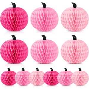 Epakh 12 Pcs Pumpkin Honeycomb Paper Halloween Table Centerpieces Pink 3D Tissue Paper Pumpkin Decoration 2 Sizes 3 Colors Halloween Thanksgiving Day Fall Home Party Decorations Supplies