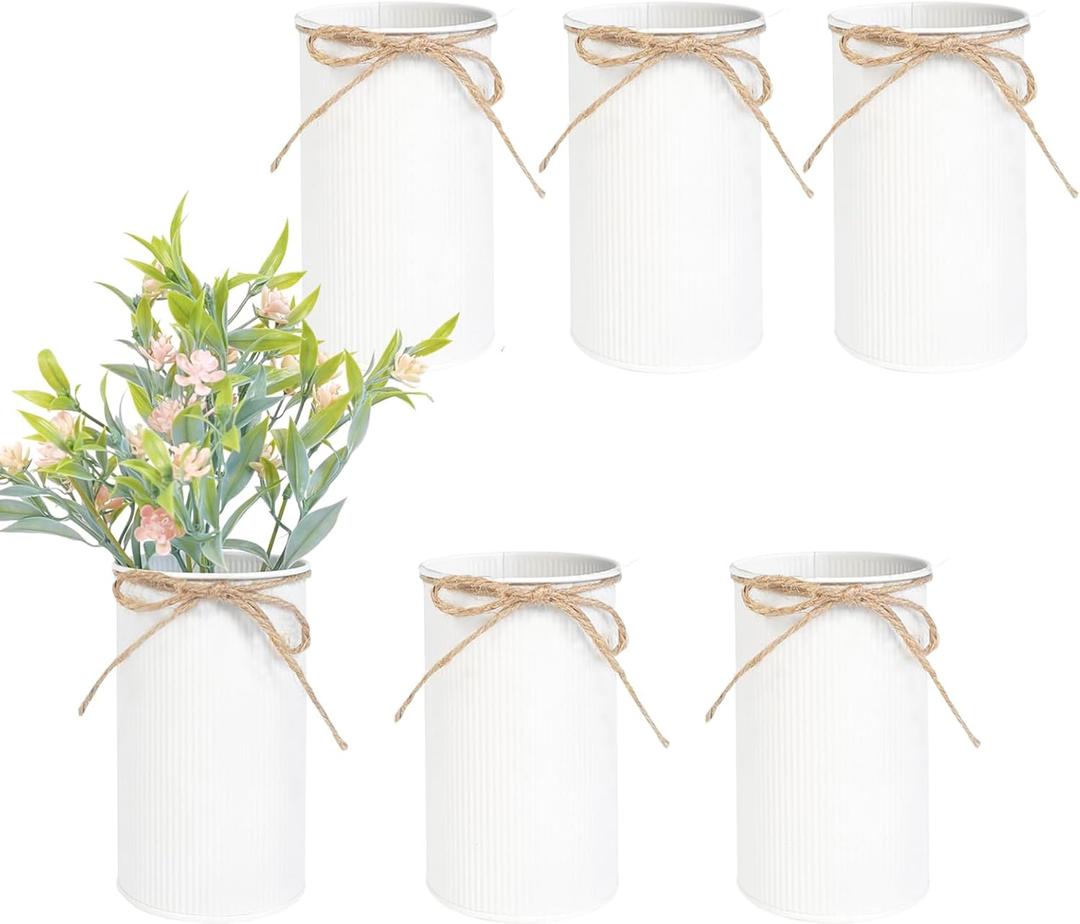 6" High Farmhouse Vases for Centerpiece, Rustic Mason Jars with Twine Bow for Flowers, Vintage Galvanized Metal Vase Tin Bucket for Wedding Home Decor (White, 6Pcs)