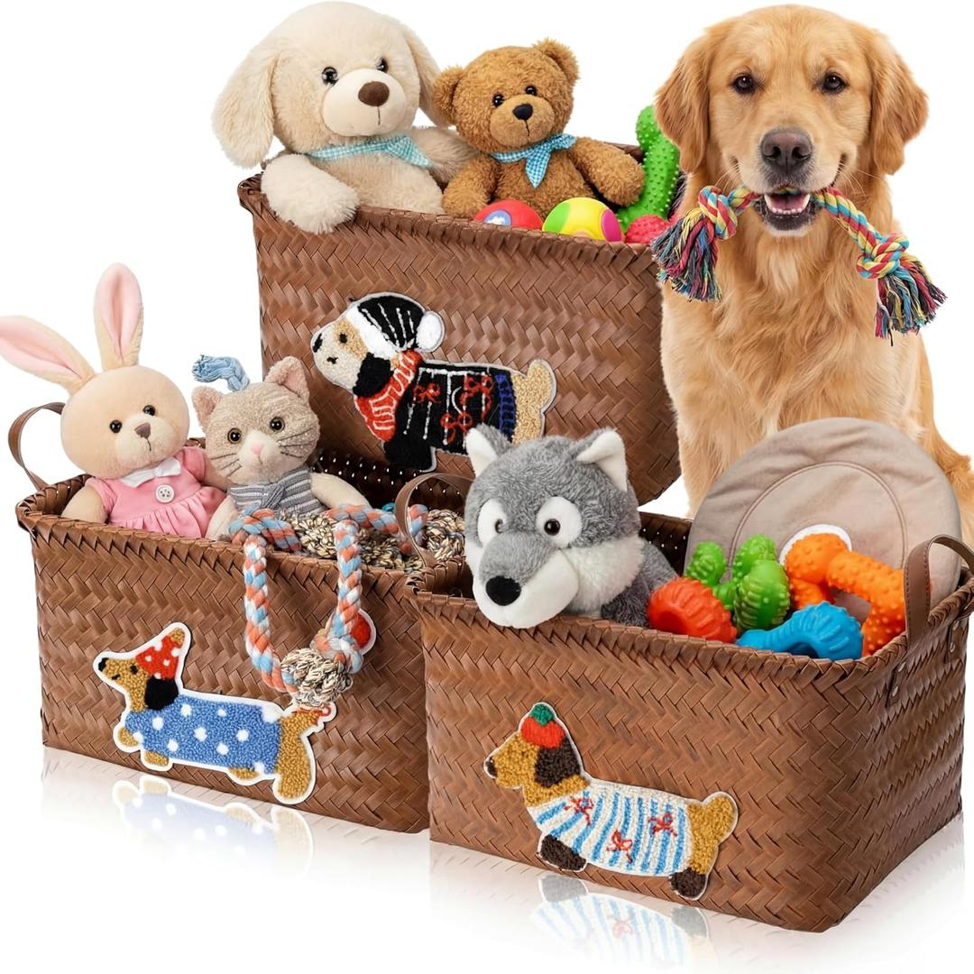 Boao 3 Pcs Dog Toy Wicker Storage Basket with Handle 15"x 11" x 7.9" Brown Handmade Rattan Woven Laundry Basket for Organizing Shelf Blanket Clothes Toy Car Bedroom Room Storage