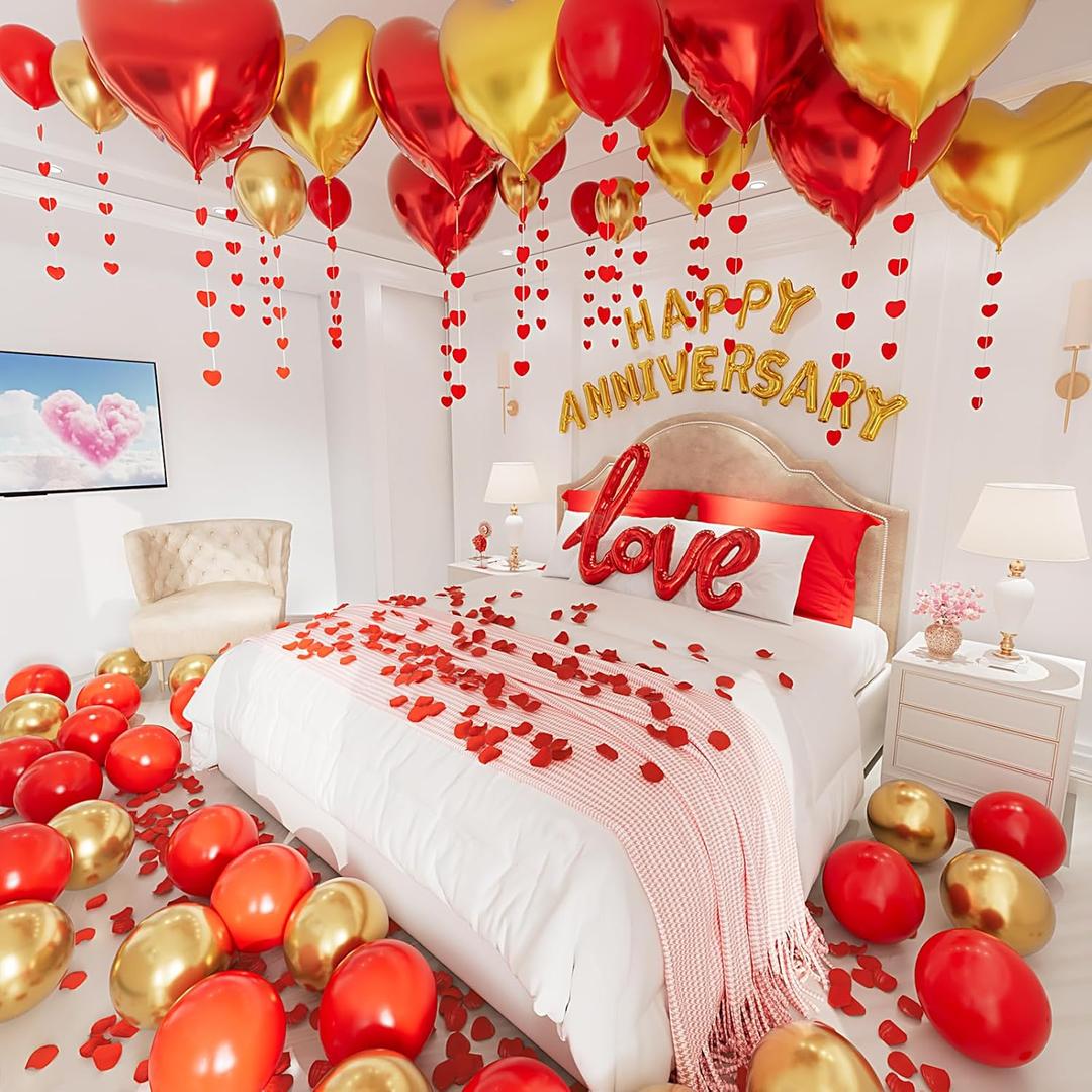 Anniversary Decorations, Happy Anniversary Banner, Hanging String Hearts, Red and Gold Balloons, Love Balloon, Red Silk Rose Petals for Wedding Bridal Shower Bachelorette Party Decorations