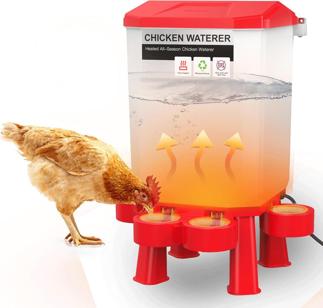 Heated Chicken Waterer Dispenser Plastic, 2 Gallons Hanging Heated Water Bowl for Winter Outdoor Chicken Coops for Chickens, Ducks, Geese, Pigeons, Quails, and Various Birds (Red)