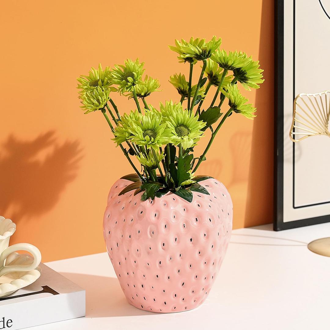Strawberry Vase for Flowers, Dusty Pink Ceramic Fruit Vase, Strawberry Shaped Planter Pot with Green Leaves and Black Seeds for Table Centerpiece, Home Spring Kitchen Decor (Height--5.7)